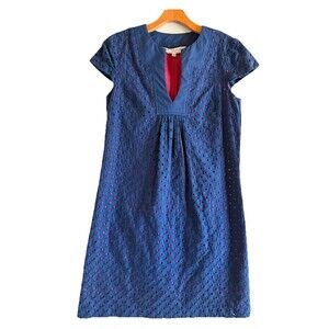 Trina Turk Navy Blue & Pink 100% Cotton Eyelet‎ Short Sleeve Shift Dress. Size 4
